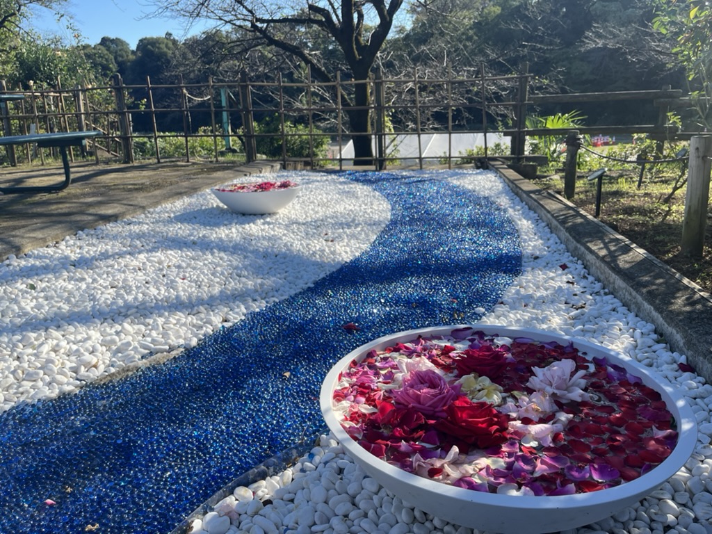 水の流れを表した展示とバラの花びらを浮かべた展示