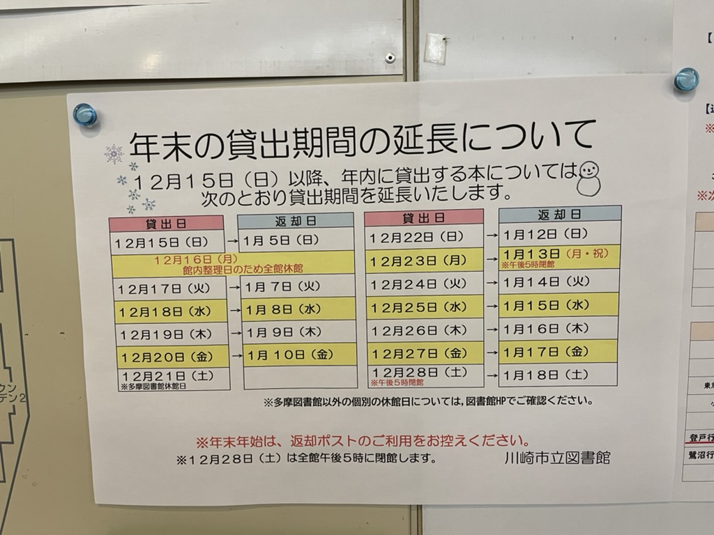 川崎市立図書館 年末の貸出期間の延長についてのお知らせ