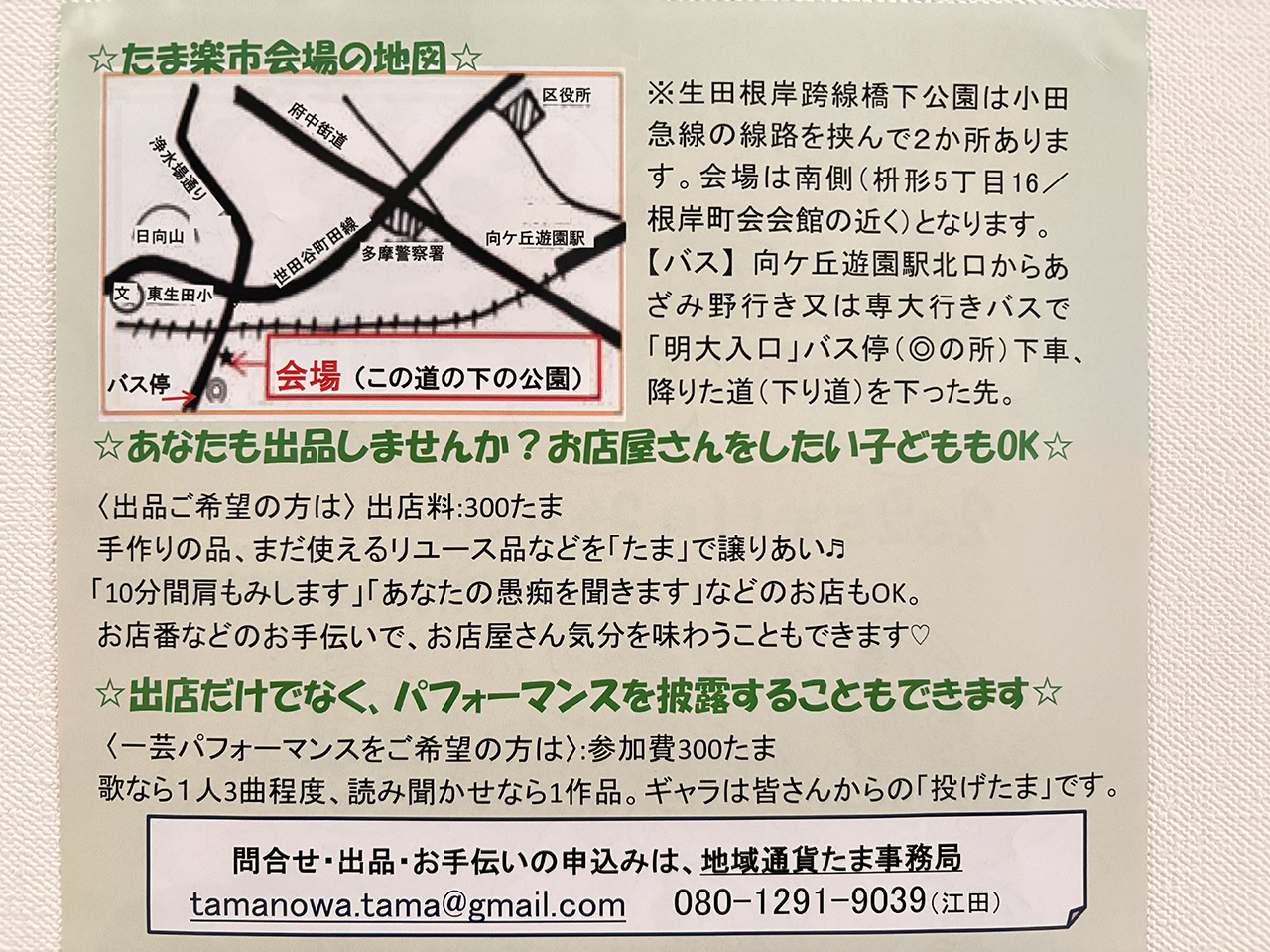 たま楽市チラシ裏面の場所詳細
