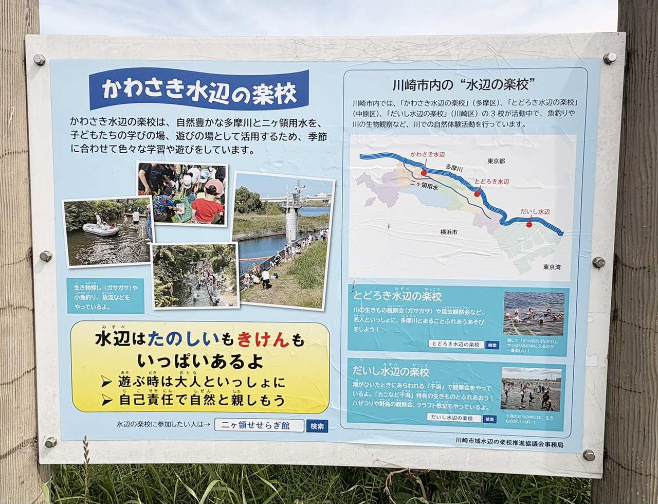 多摩川にあるかわさき水辺の楽校の看板