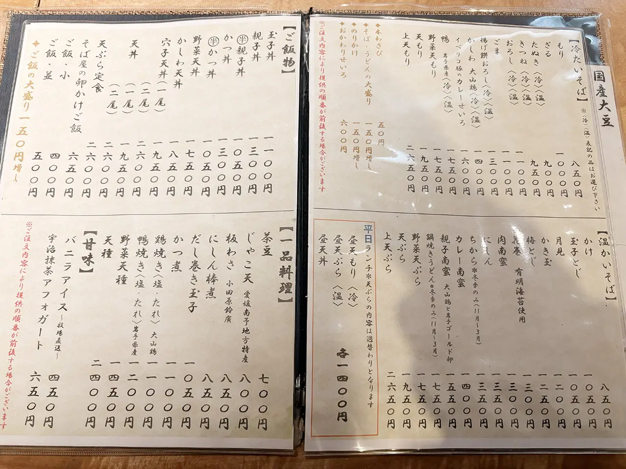 四代目 手打ちそば 登喜和屋のメニュー