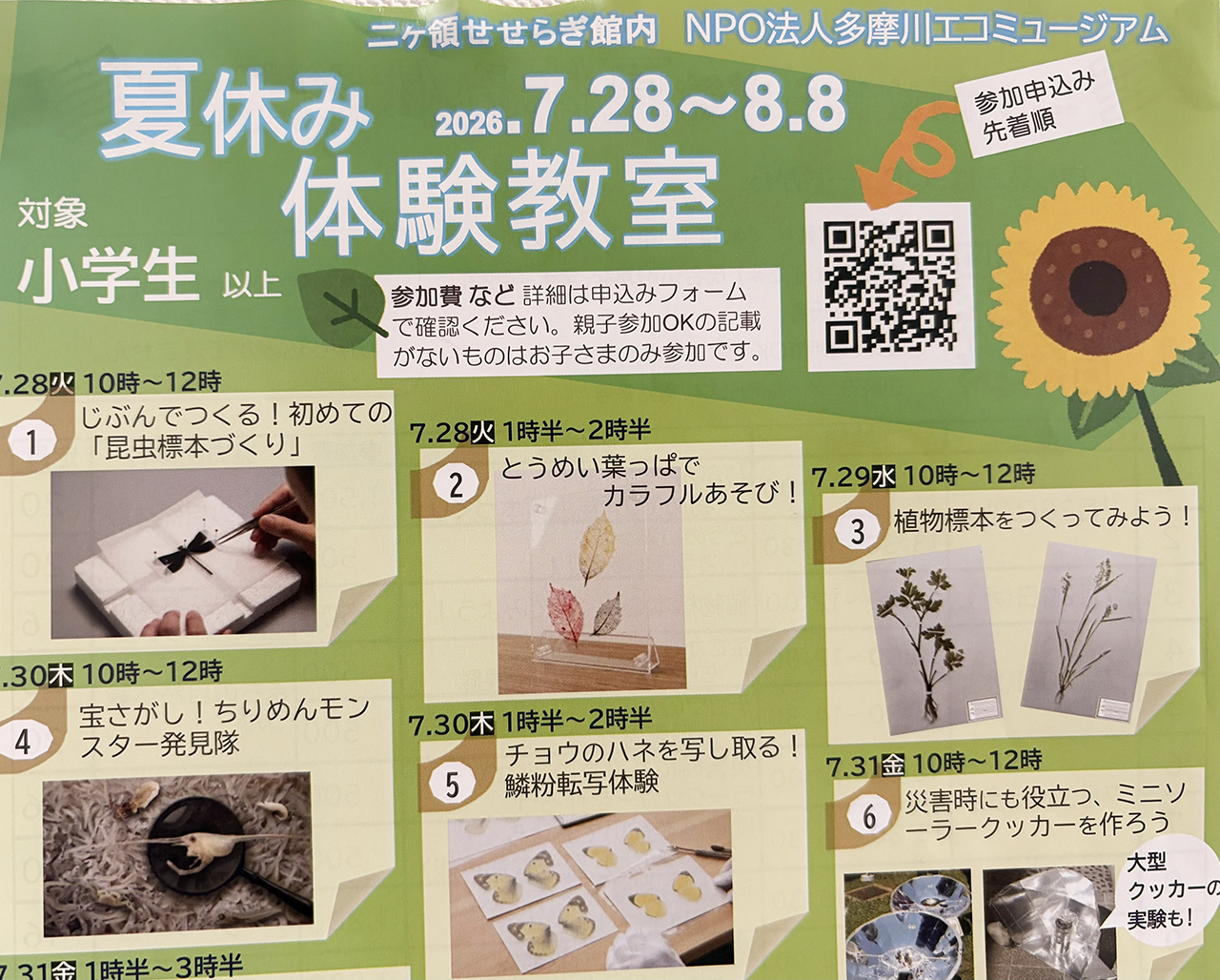 二ヶ領せせらぎ館の夏休み体験教室2026